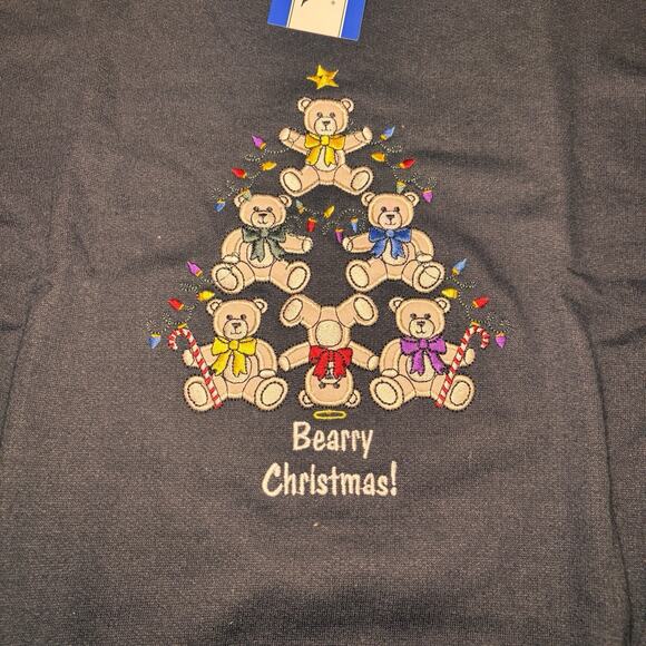Blair Beary Christmas Sweatshirt Bears Tree Graphic Black Holiday Crewneck L NWT - Picture 2 of 5